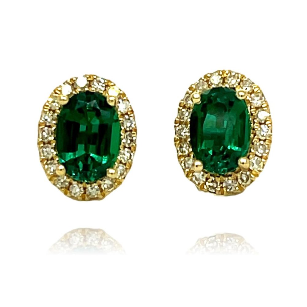 14KY Gold Emerald and Diamond Halo Earrings